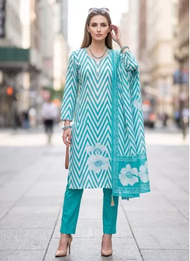 Cotton Straight Suit with Digital Print Work for Ceremonial in Aqua Blue and White