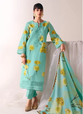 Cotton Straight Suit with Digital Print Work for Ceremonial in Turquoise