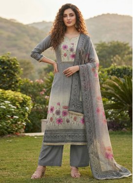 Cotton Straight Suit with Digital Print Work for Women in Cream and Grey