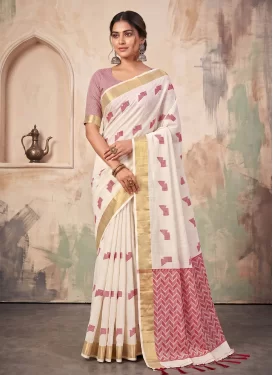 Cotton Traditional Saree in Off White with Woven Work for Ceremonial