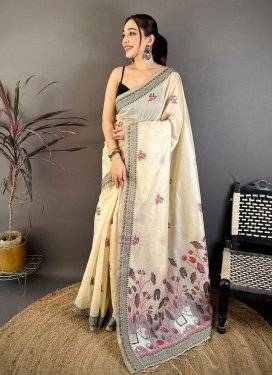Cotton Traditional Saree with Woven Work for Ceremonial in Cream