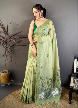 Cotton Traditional Saree with Woven Work for Ceremonial in Mint Green