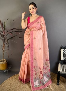 Cotton Traditional Saree with Woven Work for Women in Salmon