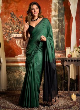 Cotton Traditional Saree with Woven Work in Black and Green for Festival