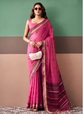 Cotton Traditional Saree with Woven Work in Rose Pink