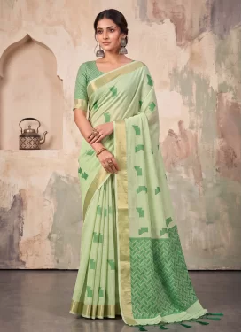 Cotton Trendy Saree in Mint Green with Woven Work for Women
