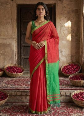 Cotton Woven Work Traditional Saree in Mint Green and Red