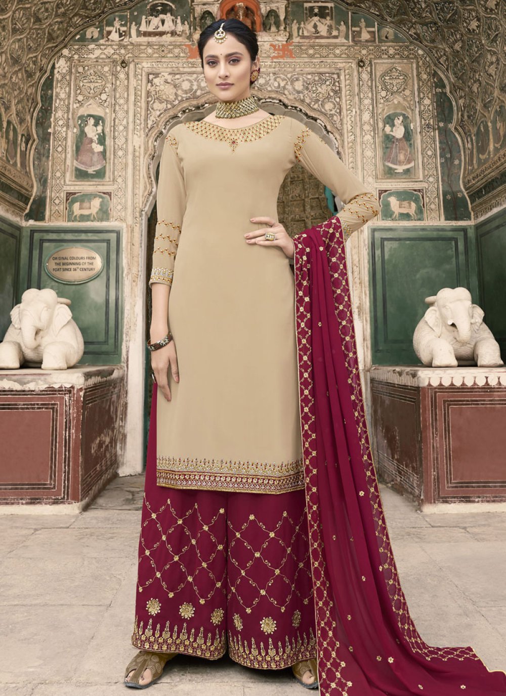 Cream and Crimson Designer Palazzo Salwar Suit