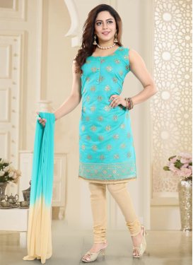 Cream and Firozi Chanderi Silk Readymade Churidar Suit