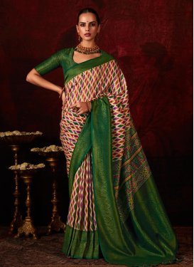 Cream and Green Silk Blend Traditional Designer Saree