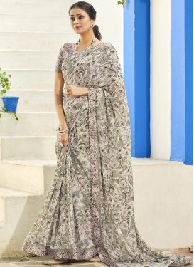Cream and Grey Faux Georgette Trendy Saree