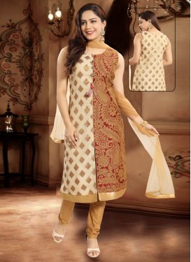 Cream and Maroon Banarasi Silk Readymade Churidar Salwar Suit