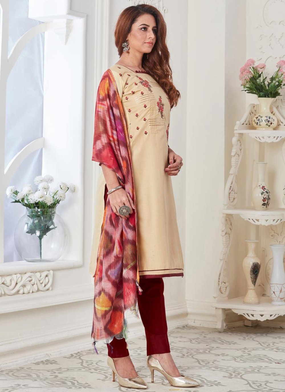 Buy Cream and Maroon Cotton Pant Style Straight Salwar Suit Online