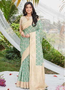 Cream and Mint Green Woven Work Designer Traditional Saree