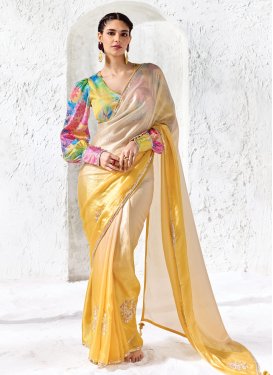 Cream and Mustard Organza Classic Saree with Digital Print Work for Festival
