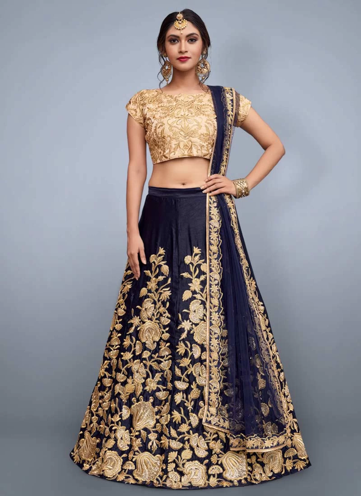 Buy Cream and Navy Blue A Line Lehenga Choli For Festival Online