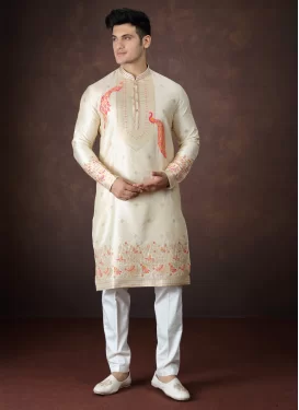Cream and Off White Jacquard Silk Kurta Pajama with Woven Work for Festival