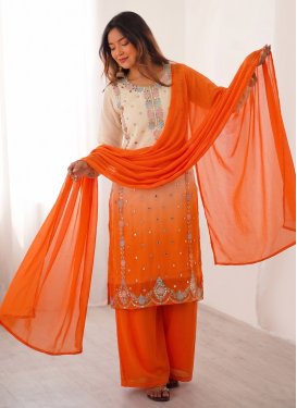 Cream and Orange Georgette Embroidered Work Palazzo Suit for Women