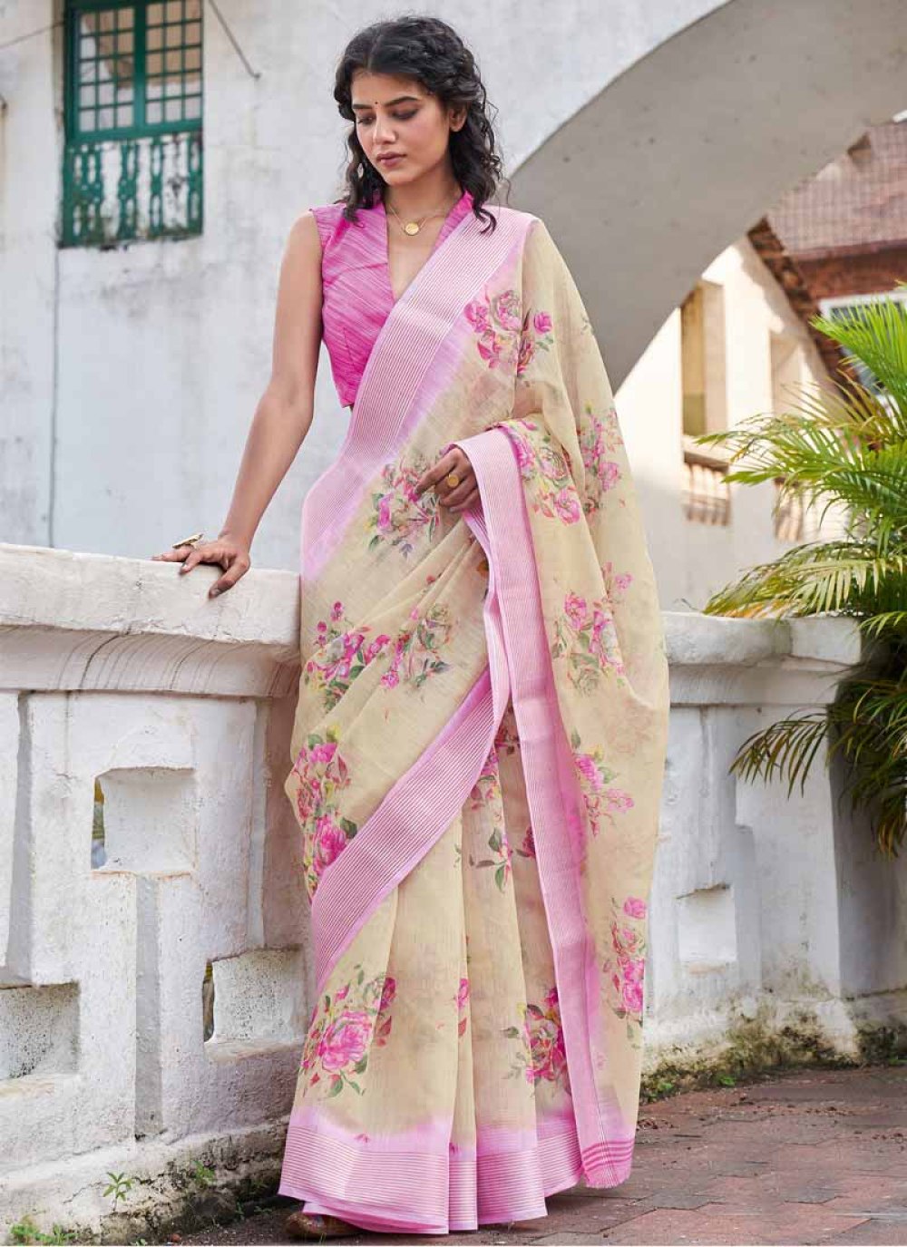 Cream pink handwoven gopalpur jala border tussar saree – GoCoop