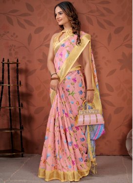 Cream and Pink Print Work Traditional Designer Saree