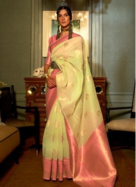 Cream and Pink Woven Work Traditional Designer Saree