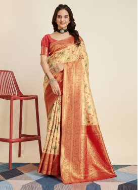 Cream and Red Banarasi Silk Designer Contemporary Style Saree
