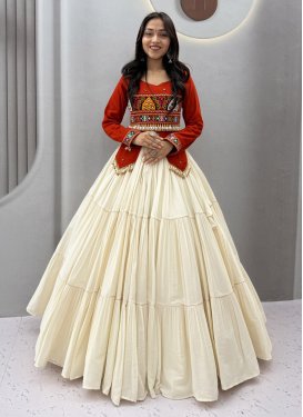 Cream and Red Cotton Embroidered Work Readymade Lehenga Choli for Women