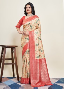 Cream and Red Designer Contemporary Style Saree For Ceremonial