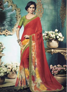 Cream and Red Digital Print Work Traditional Saree