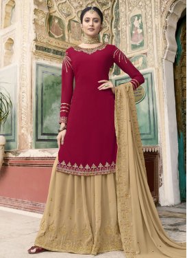 Cream and Red Faux Georgette Palazzo Straight Salwar Suit