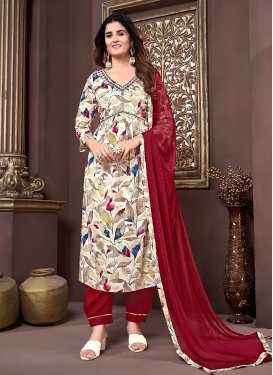 Cream and Red Reyon Readymade Designer Suit