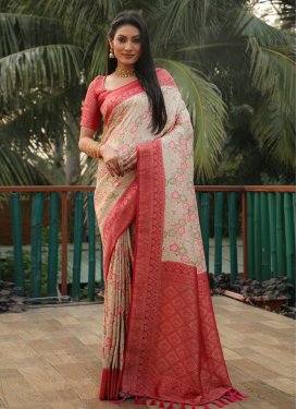 Cream and Red Traditional Designer Saree For Ceremonial