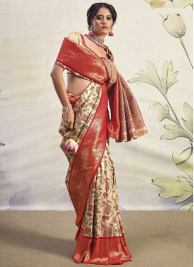 Cream and Red Woven Work Trendy Classic Saree