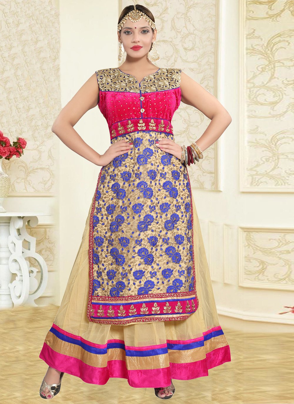 Cream and Rose Pink Net Readymade Designer Suit For Ceremonial