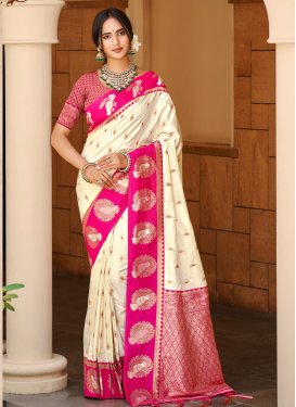 Cream and Rose Pink Silk Blend Woven Work Classic Saree for Women
