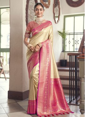 Cream and Rose Pink Traditional Designer Saree For Ceremonial