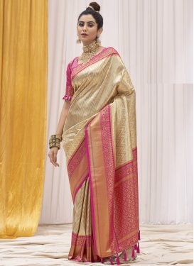 Cream and Rose Pink Woven Work  Designer Contemporary Style Saree