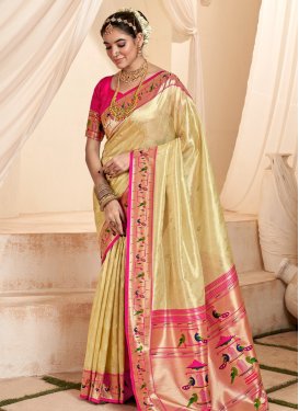 Cream and Rose Pink Woven Work Traditional Designer Saree
