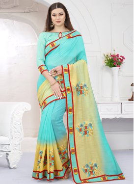 Cream and Turquoise Embroidered Work  Trendy Saree