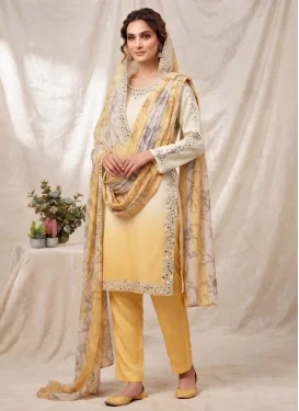 Cream and Yellow Crepe Silk Readymade Salwar Suit with Embroidered Work for Festival