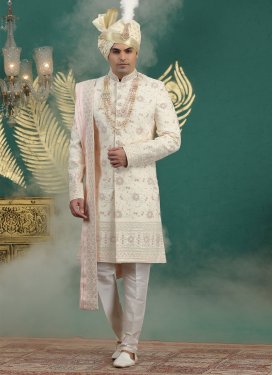 Cream Art Silk Wedding Sherwani with Cutdana Work for Festival