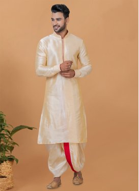 Cream Dupion Silk Woven Work Dhoti Kurta for Men
