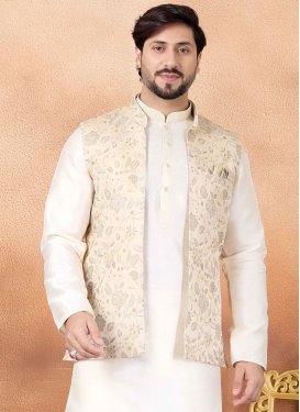 Cream Jacquard Silk Nehru Jacket with Woven Work for Festival