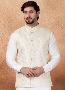 Cream Jacquard Silk Woven Work Nehru Jacket for Men