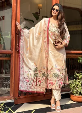 Cream Silk Blend Readymade Salwar Suit with Digital Print Work for Festival