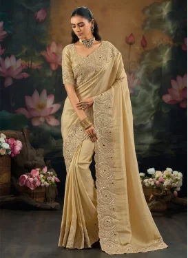 Cream Silk Embroidered Work Traditional Saree for Women