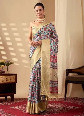Cream Silk Georgette Digital Print Work Classic Saree for Women