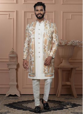 Cream Silk Resham Work Indo Western for Men