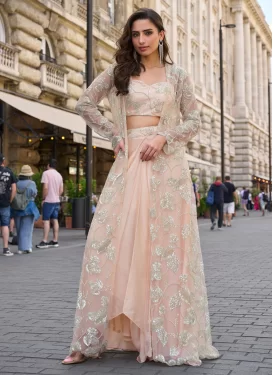 Crepe Silk Designer Suit in Peach with Cutdana Work for Festival