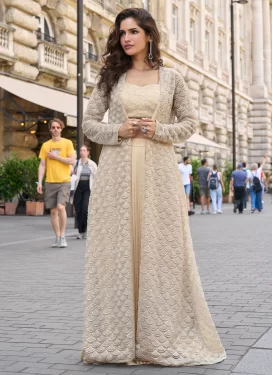 Crepe Silk Designer Suit with Cutdana Work in Cream for Party